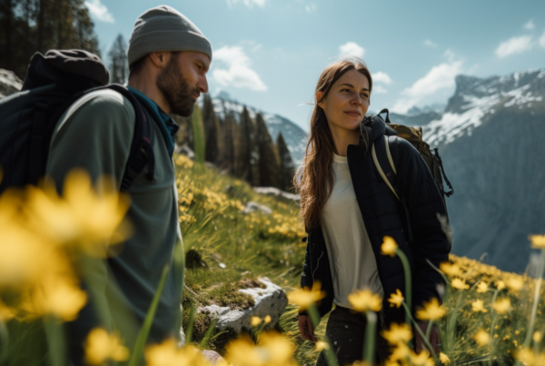 Zwei Wanderer in den Alpen im Frühling bei Sonnenschein