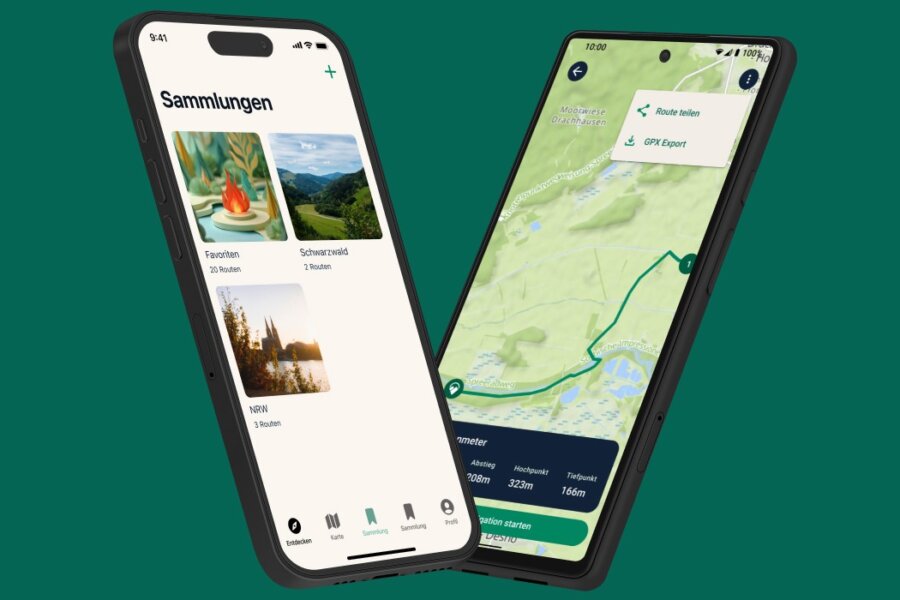 App Screens von Triphunt Sammlungen und der Kartenansicht mit GPX Export