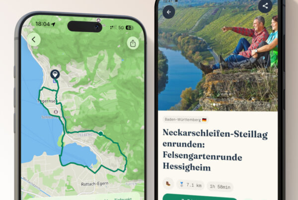 App Screenshots für iOS und Android mit Triphunt Kartenansicht und Routenansicht