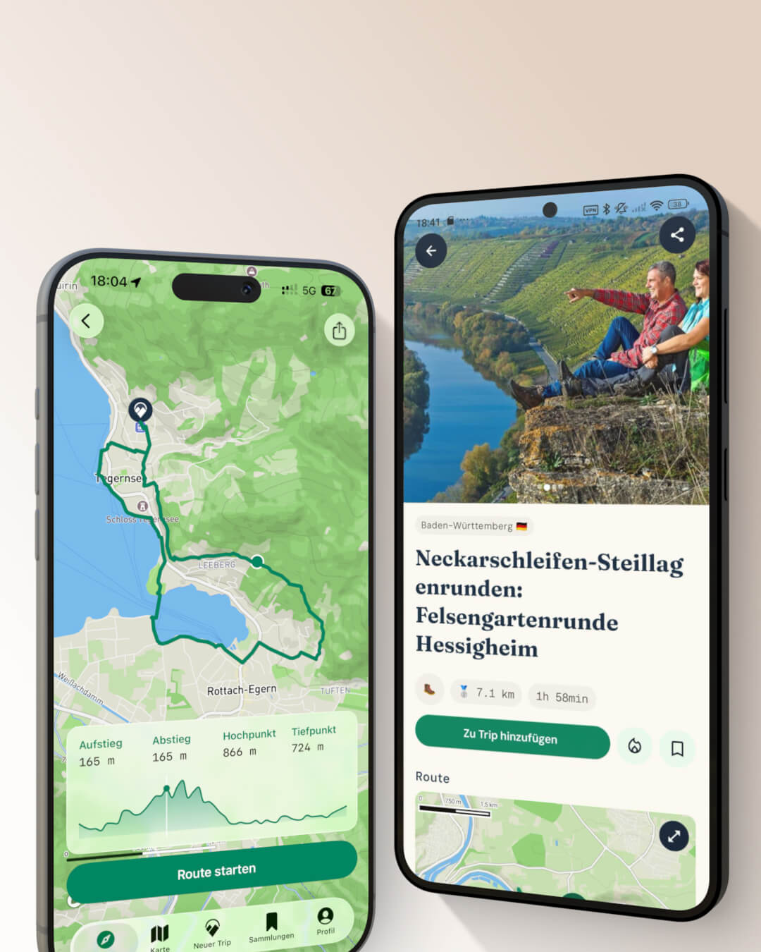 App Screenshots für iOS und Android mit Triphunt Kartenansicht und Routenansicht